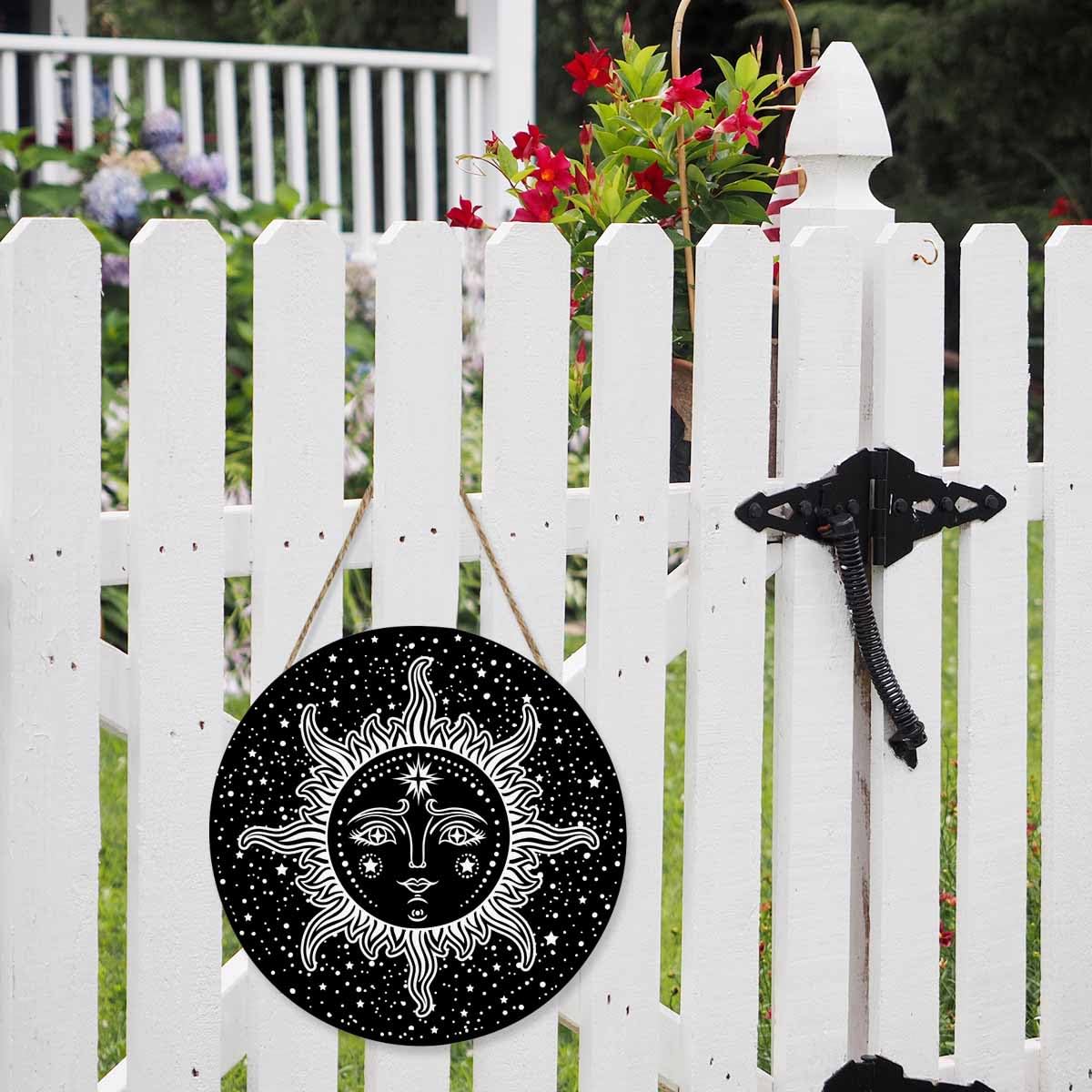 Beabes Farmhouse Front Porch Decor Door Hanging Black White Sun Stars 12in Round Wooden Hanging Housewarming Home Decor Present