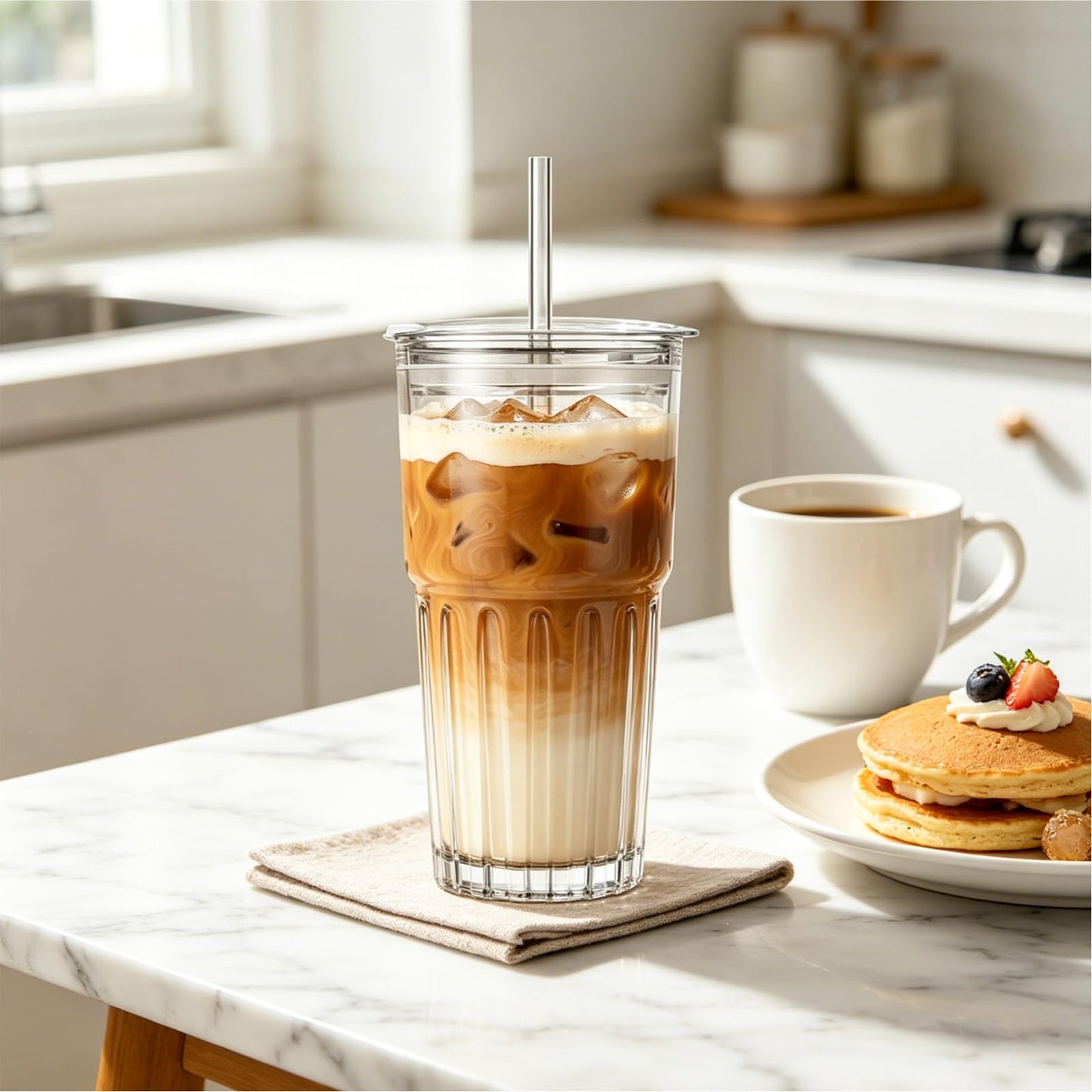 INSETLAN 20 oz Clear Glass Tumbler Set with Lids and Straws – 4-Pack Iced Coffee Cups with Glass Straws & Brushes, Reusable Drinking Glasses for Smoothies, Tea, Juice, Beer, Cold Beverages