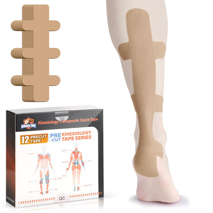 Kinesiology Tape for Achilles Tendon, KTQUICK 12 Count Achilles Tendon Tape Precut, Original Cotton Waterproof&Breathable, Enhance Elastic Kinesiology Athletic Tape for Achilles&Muscle Support(Beige)