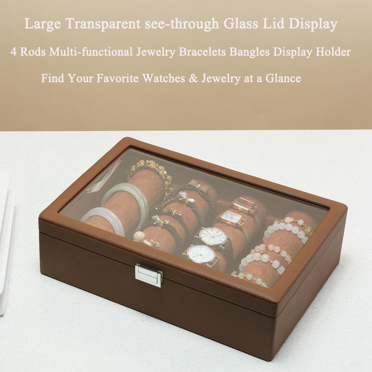 XHMQYC Bracelets Organizer Rods Bangles Display Holder, Clear See through Lid Leather Velvet Jewelry Storage Box Case for Women, 4 Rods Brown Leather