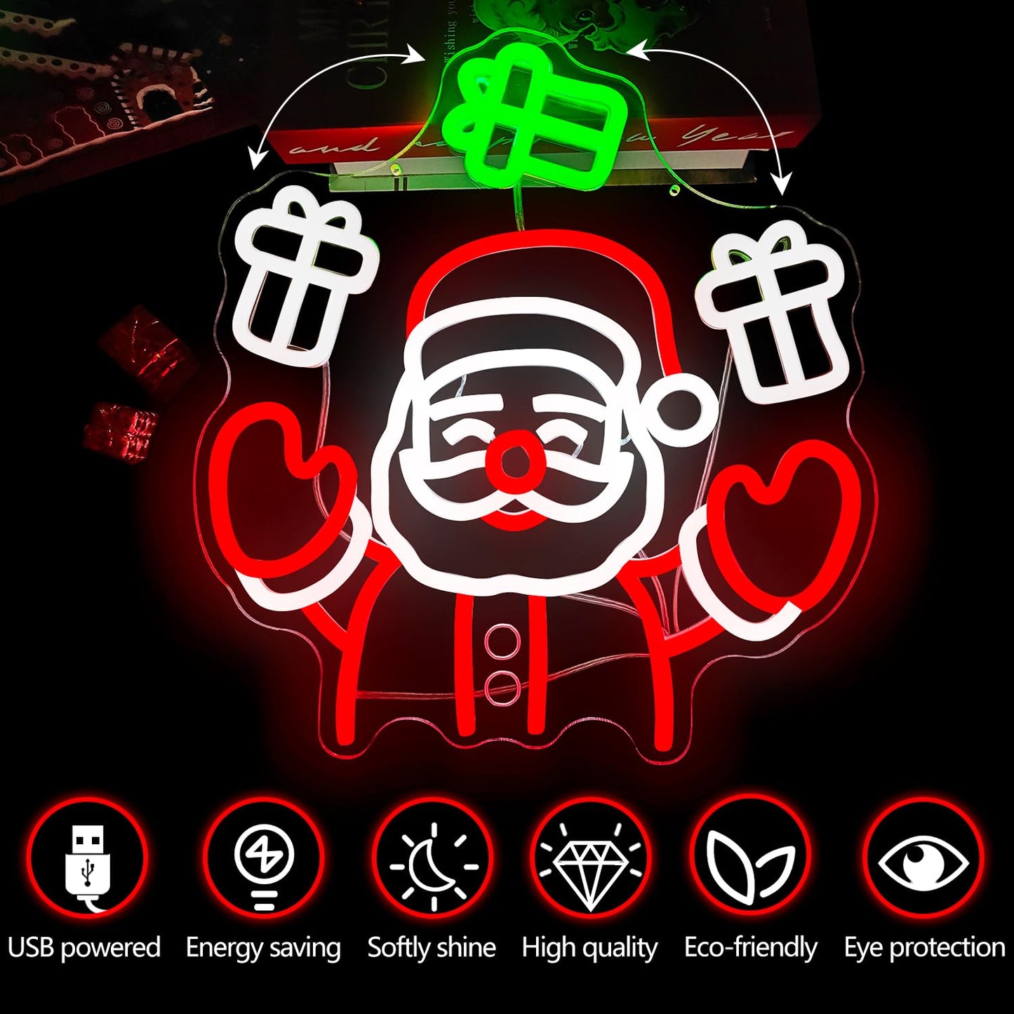 Santa Claus Neon Sign Waving Santa Window Neon Light for Wall Decor Dimmable Christmas Light Up Sign Led Santa Throwing Gift Box Decoration for Party