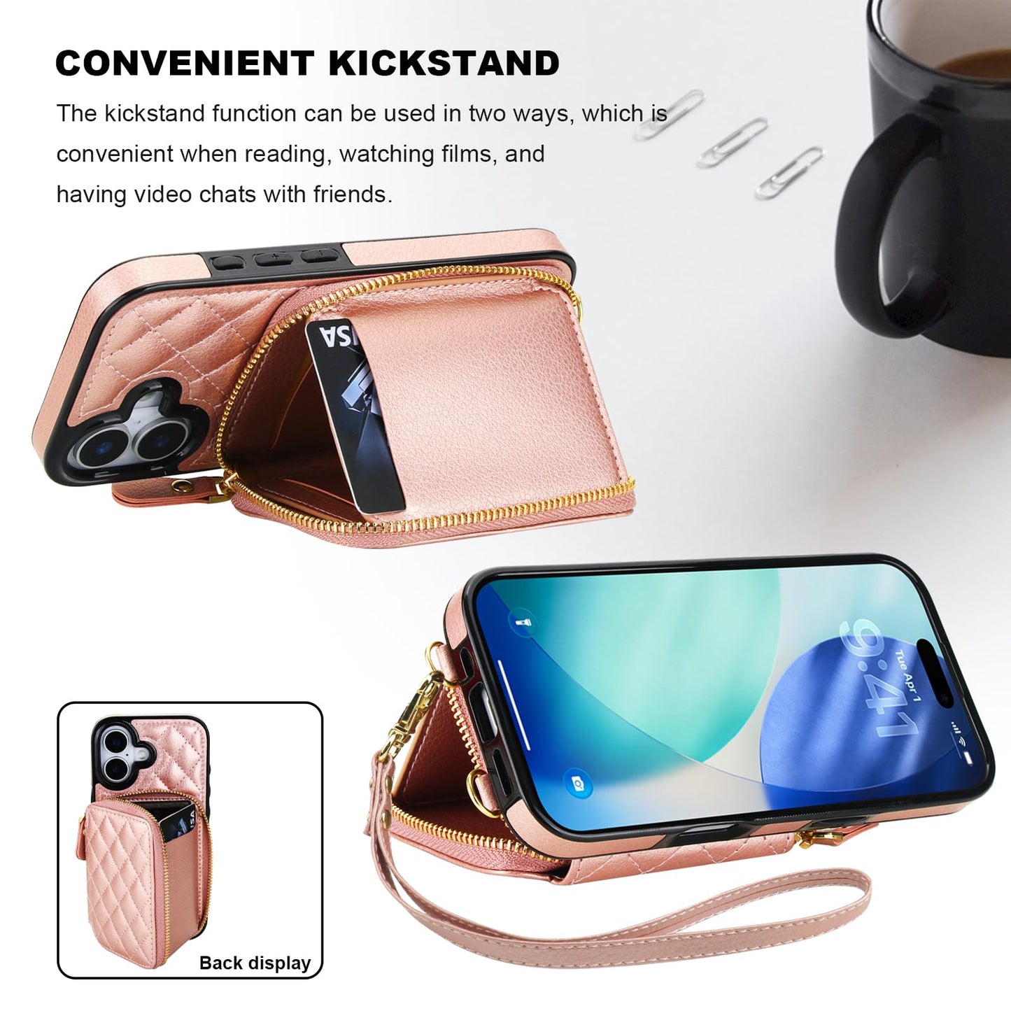 Bocasal Crossbody Wallet Case for iPhone 17, RFID Blocking PU Leather Zipper Handbag Purse Flip Cover, Kickstand Folio Case with Card Slots Holder Wrist Strap Lanyard 5G 6.3 Inch (Rose Gold)