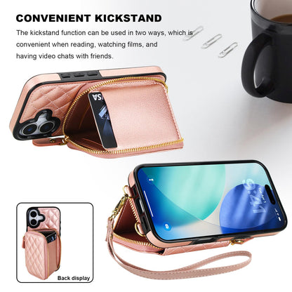 Bocasal Crossbody Wallet Case for iPhone 17, RFID Blocking PU Leather Zipper Handbag Purse Flip Cover, Kickstand Folio Case with Card Slots Holder Wrist Strap Lanyard 5G 6.3 Inch (Rose Gold)