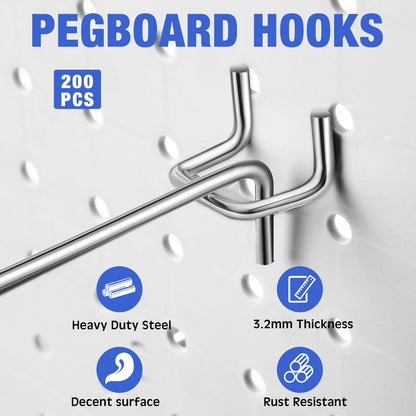 Tatuo 200 Pcs Pegboard Hooks Galvanized Metal Pegs with Rubber Tip Fit 1/4" 1/8" for Garage Store Wall Tool Organization Display(4 Inch)