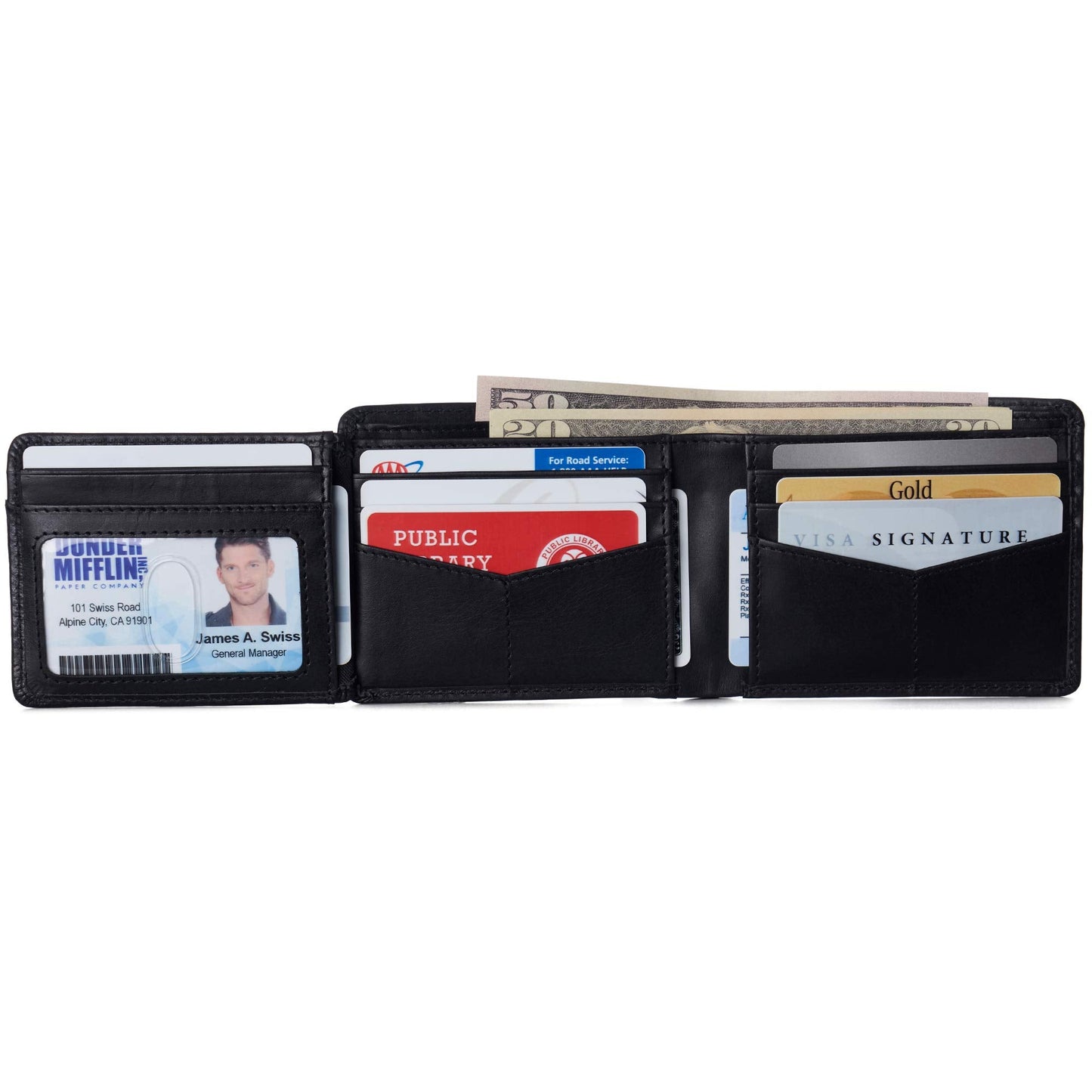 Alpine Swiss Mens Wallet for Men | RFID Protected Leather Mens Wallet | Spencer Bifold with Divided Bill Section | Gift Box | 2 ID Windows | 14 Card Storage Pockets for Organization Glossy Nappa Black