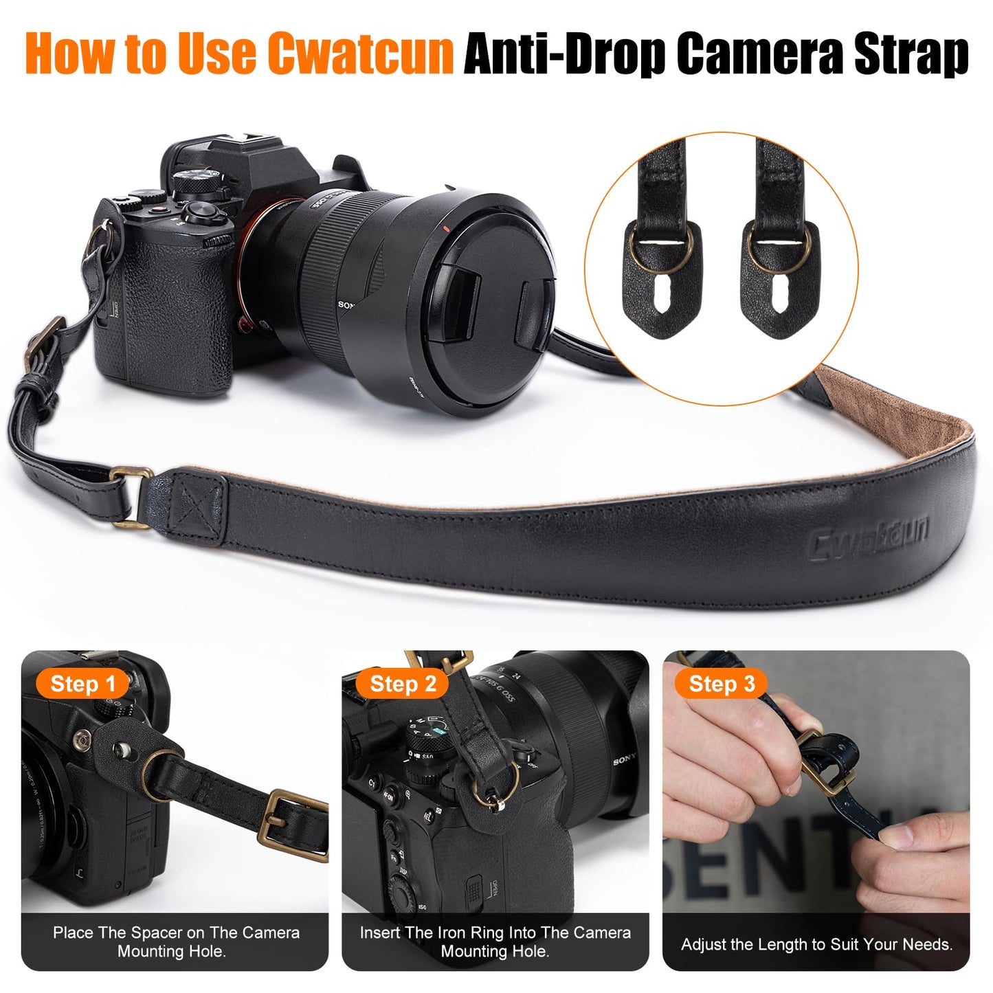 Cwatcun Genuine Leather Camera Strap, Adjustable Neck or Shoulder Sling Strap for Photographers for Nikon Canon Sony Olympus DSLR, Black