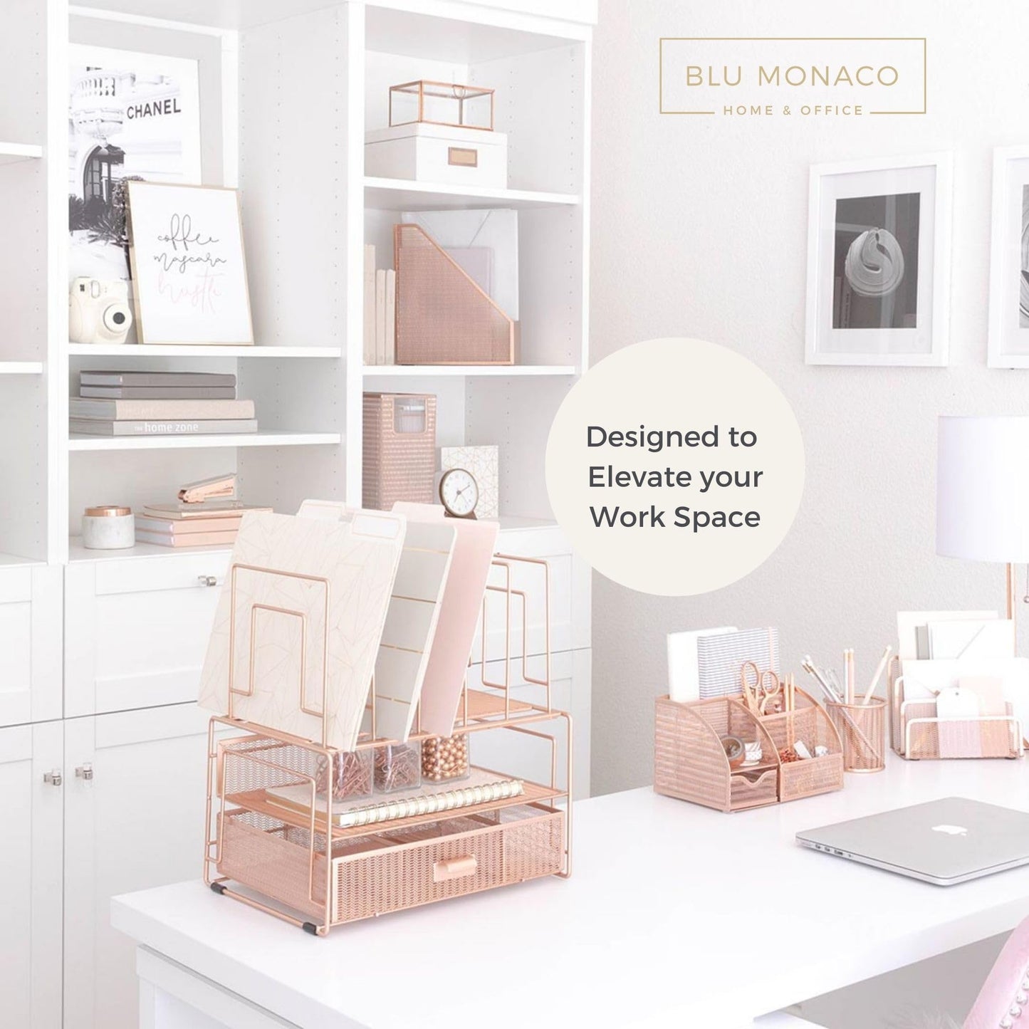 BLU MONACO | Rose Gold Desk Organizer with Drawer | Metal Desk Organizer with File Sorters and Storage Compartments | Office Desk Organizer for Paper Folders and Supplies