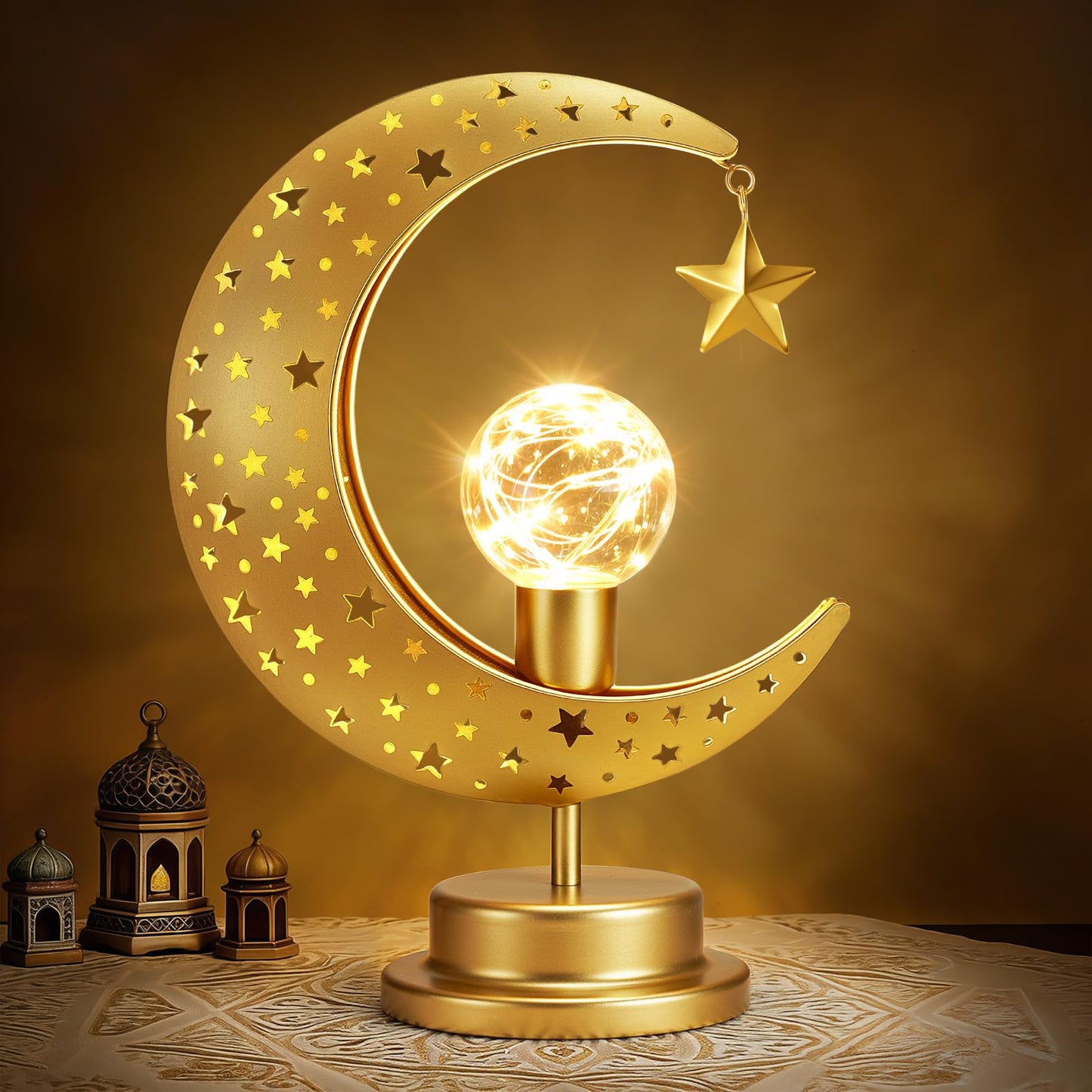 Lewondr Ramadan Moon Lamp, Crescent Moon with Star Table Lamp, Battery Powered Ramadan Desk Lamp Decorations Crescent Table Light Bedside Night Stand Desktop Living Room Home Decor, Eid Mubarak Decor