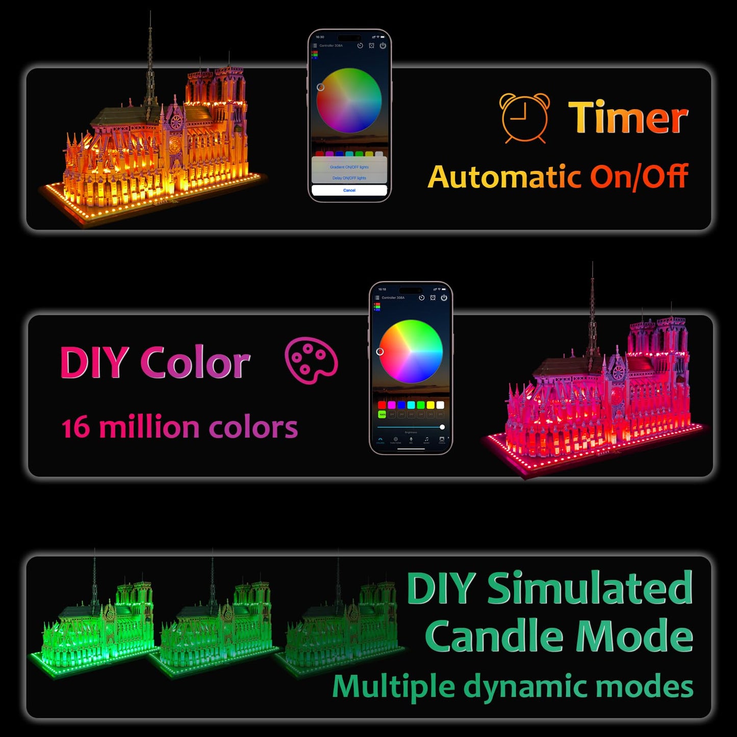 Neisouf Color Changing LED Light kit Compatible with Lego 21061 Notre Dame, App and Remote Control (No Model Only Light)