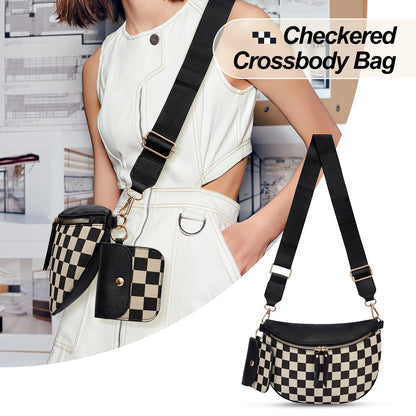 Checkered Crossbody Bag,Nylon Bum Bags for Women Crossbody,Spacious Sling Bag Purse Fanny Packs with Shoulder Strap