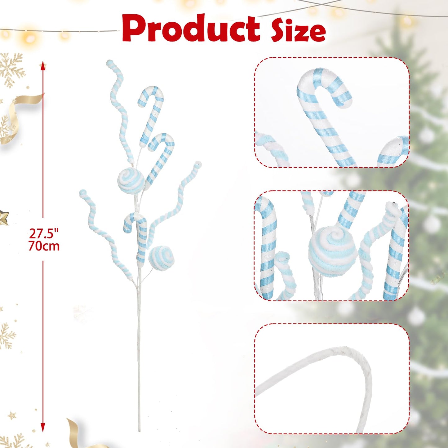 Briful 3PCS Christmas Striped Candy Cane Picks Spray, 27.5in Blue & White Candy Cane Christmas Tree Ornaments for Xmas Wreaths Holiday Vase Arrangements