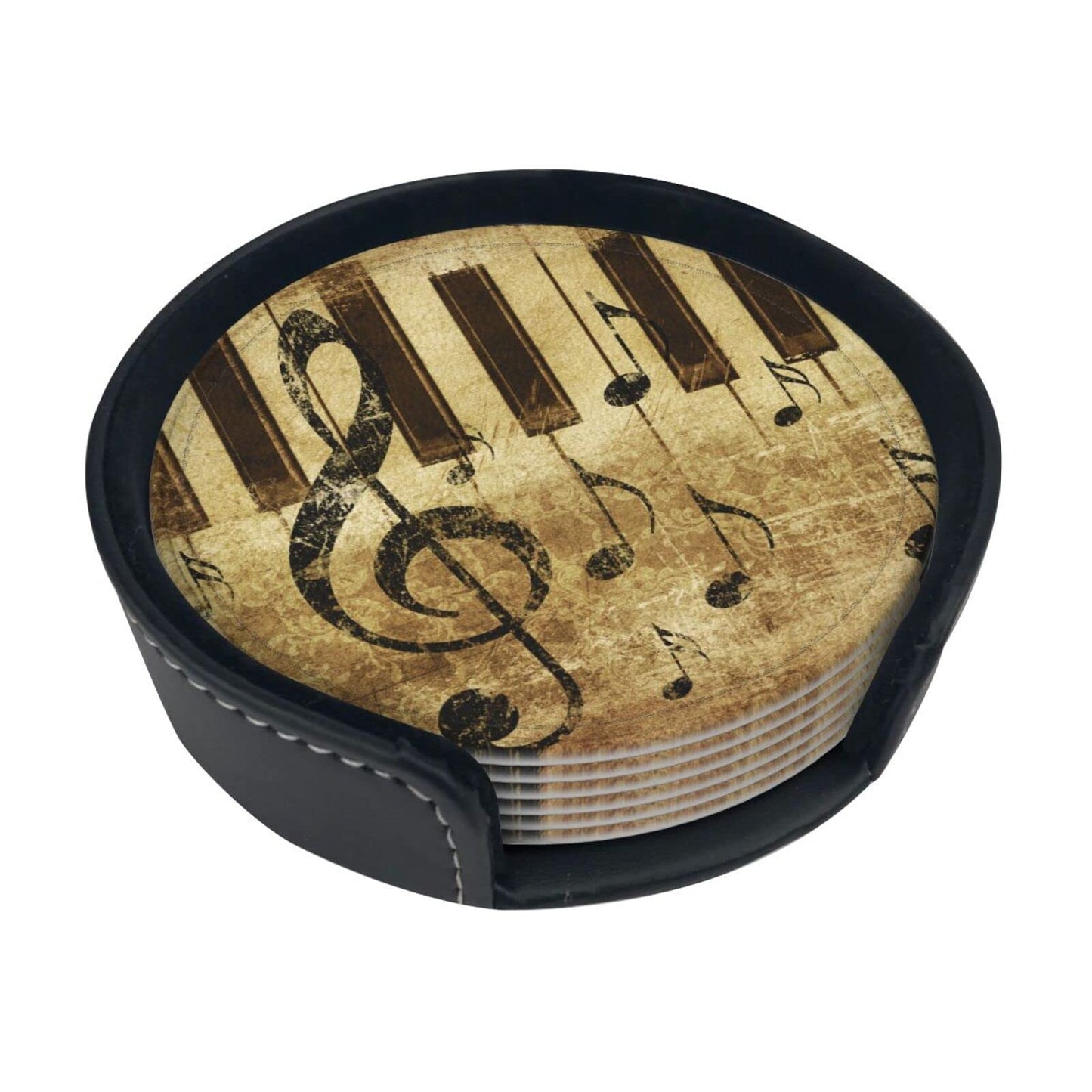 Famame 6 Pcs Leather Coasters for Drinks with Holder Grunge Retro Piano Music Notes Coaster Sets Drink Table Cup Coasters for Living Room Kitchen Coffee Decor