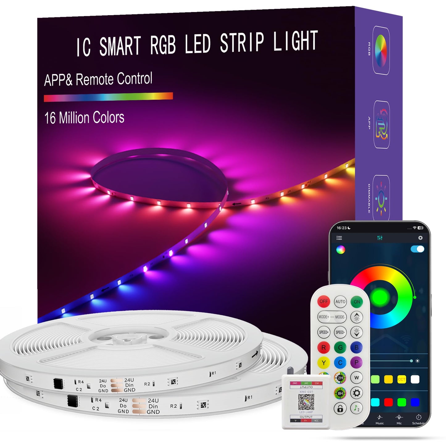 ATHONO Led Lights for Bedroom 200FT Smart IC+RGB, Music Sync Color Changing Strip Lights, 24Key Remote+App Control Light Strip for BedHead,Underbed,Ceiling,Background Wall(2Rolls of 100FT)