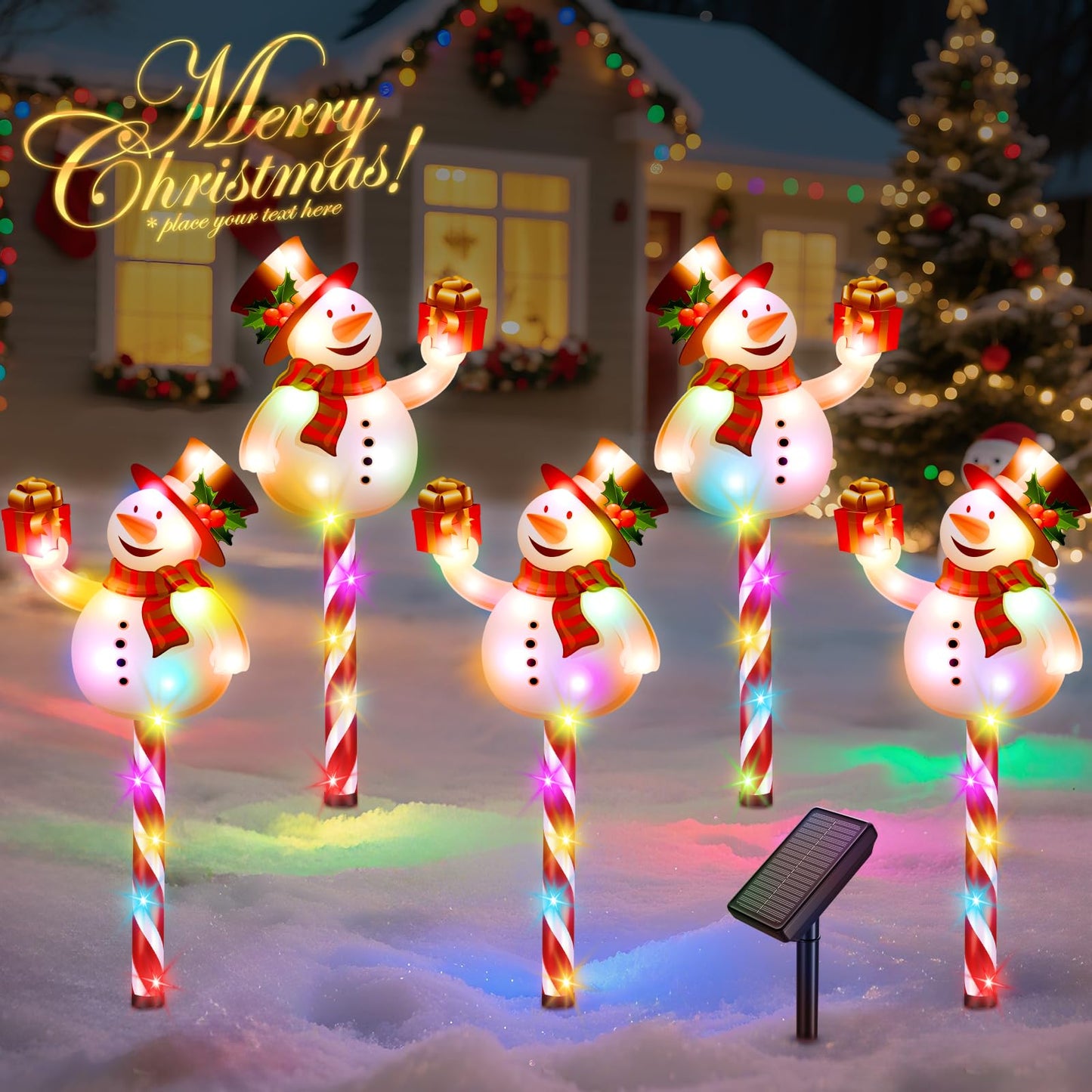 NESSTU Solar Christmas Decorations Outdoor: Set of 5 Snowman Pathway Lights with Candy Cane Stakes - 10 Modes Waterproof Solar Powered Holiday Yard Decor for Garden Lawn Walkway - Gifts for Women Men