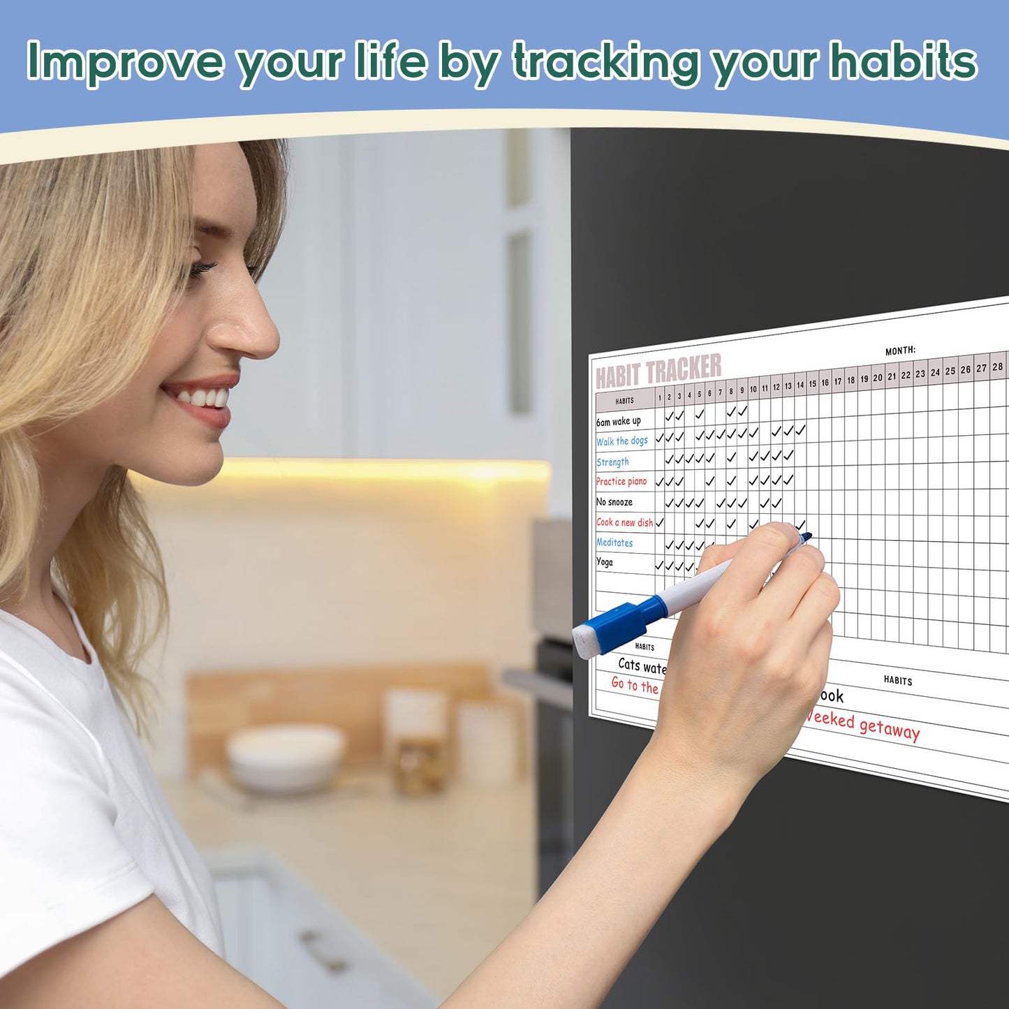 Maitys Habit Tracker for Fridge 12 x 16 Inch Magnetic Workout Tracker Journal Motivation Dry Erase Goal Habit Calendar for Whiteboard with 3 Marker Pens and 1 Eraser