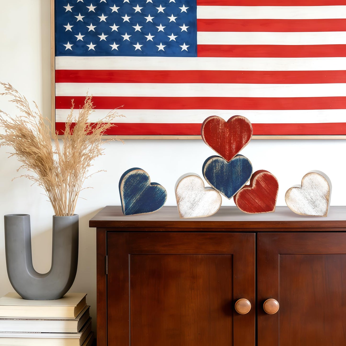 COCHIE Wooden Hearts 4th of July Decorations Indoor, Wood Heart Blocks Memorial Day Tiered Tray Decor Set of 6, Red Blue White Veterans Day Decoration for Home Party Office Shelf Mantle (Patriotic)