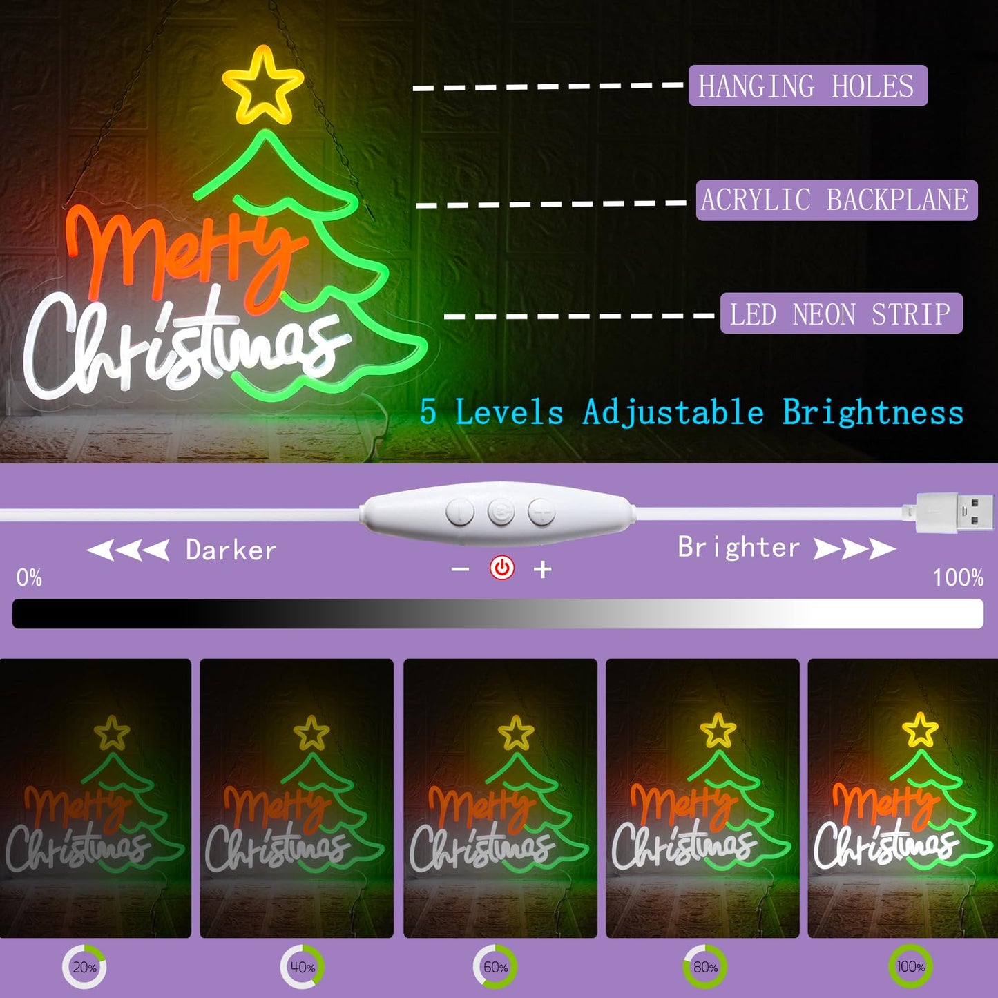 UExnkj-Y Merry Christmas Neon Sign for Wall Decor, Dimmable Christmas Tree Neon Signs LED Light up Sign with USB Powered for Bar Man Cave Club Party Room Shop Window Bedroom Decor Gifts
