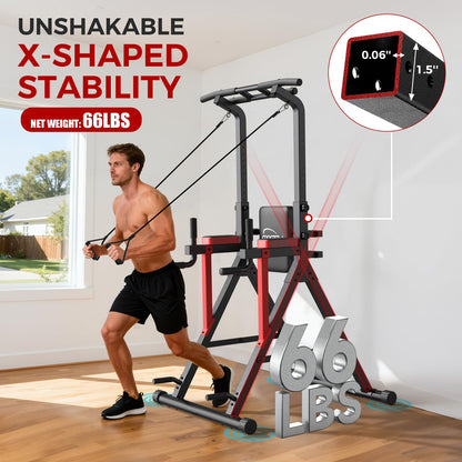 Power Tower Pull Up Bar Free Standing,13-Level Adjustable Height Dip Station with X-Frame Stability, Multi-Grip Handles, Backrest, Home Gym Strength Training Equipment 400LBS