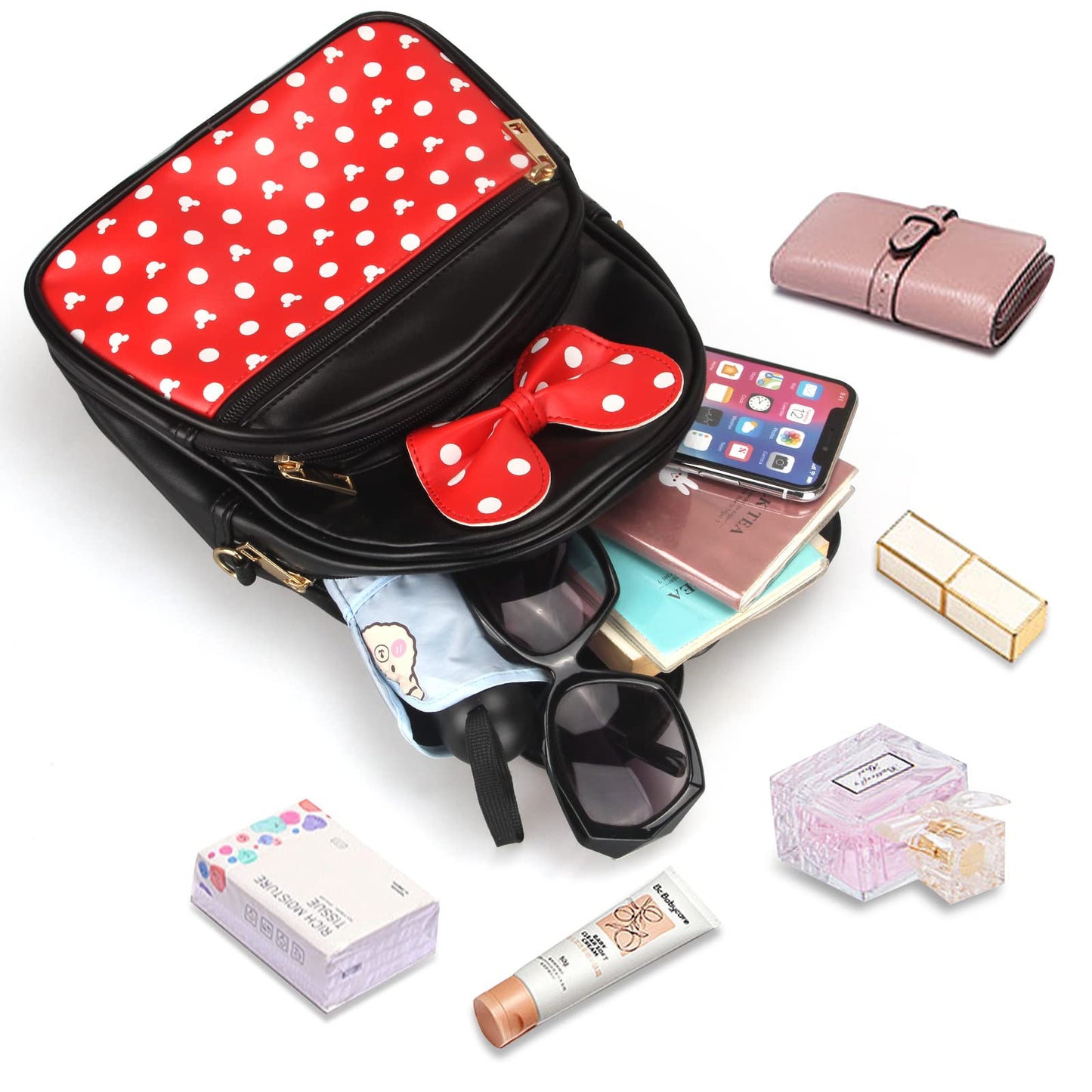 Dksyee Cute Red Backpack for Girl Bowknot Polka Dot Mini Mouse Leather Backpacks for Toddler Little Girl Backpack Kids Small Travel Backpacks Convertible Shoulder Bag Purse for Children Daypack