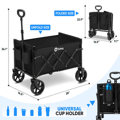 Sekey Heavy Duty Wagon with Big Wheels, Foldable Cart with 220LBS Capacity, Utility Lightweight Wagon, Collapsible Grocery Shopping Cart for Camping Sports & Holiday. Black