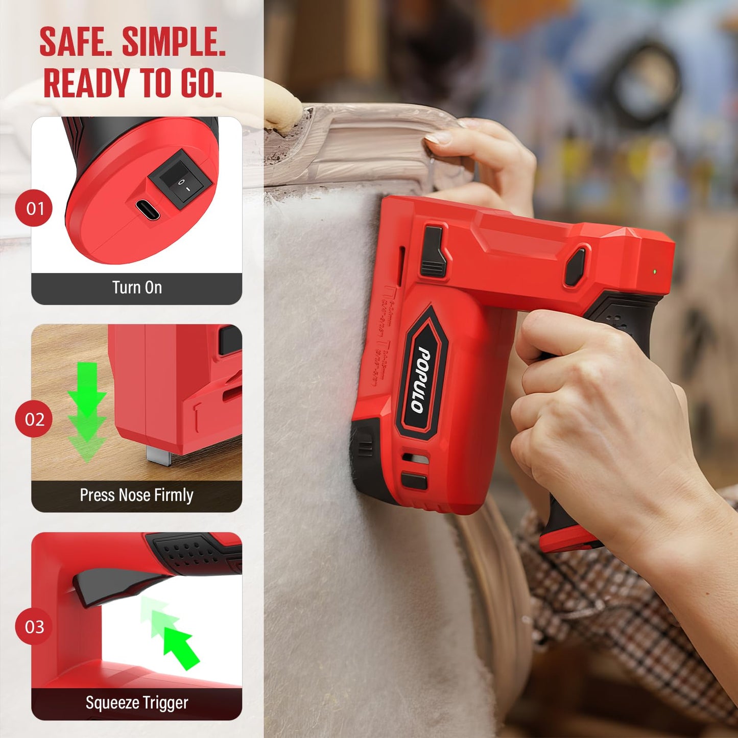 POPULO Electric Staple Gun, 2 in 1 Electric Stapler Tacker 4V Cordless Brad Nailer Kit, Battery Powered Nail Gun for Upholstery, Carpentry, DIY with Staple Remover, 1600 Staples and Nails, Red