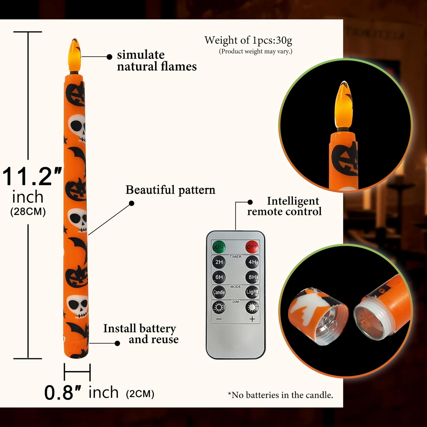 FCMSHAMD 6PCS Halloween Orange Flameless Taper Candles, 11 Inch LED Candlesticks Battery Operated with 11-Key Remote and Timer, 3D Flickering Flame Lights for Wedding Party Home Decor Gifts