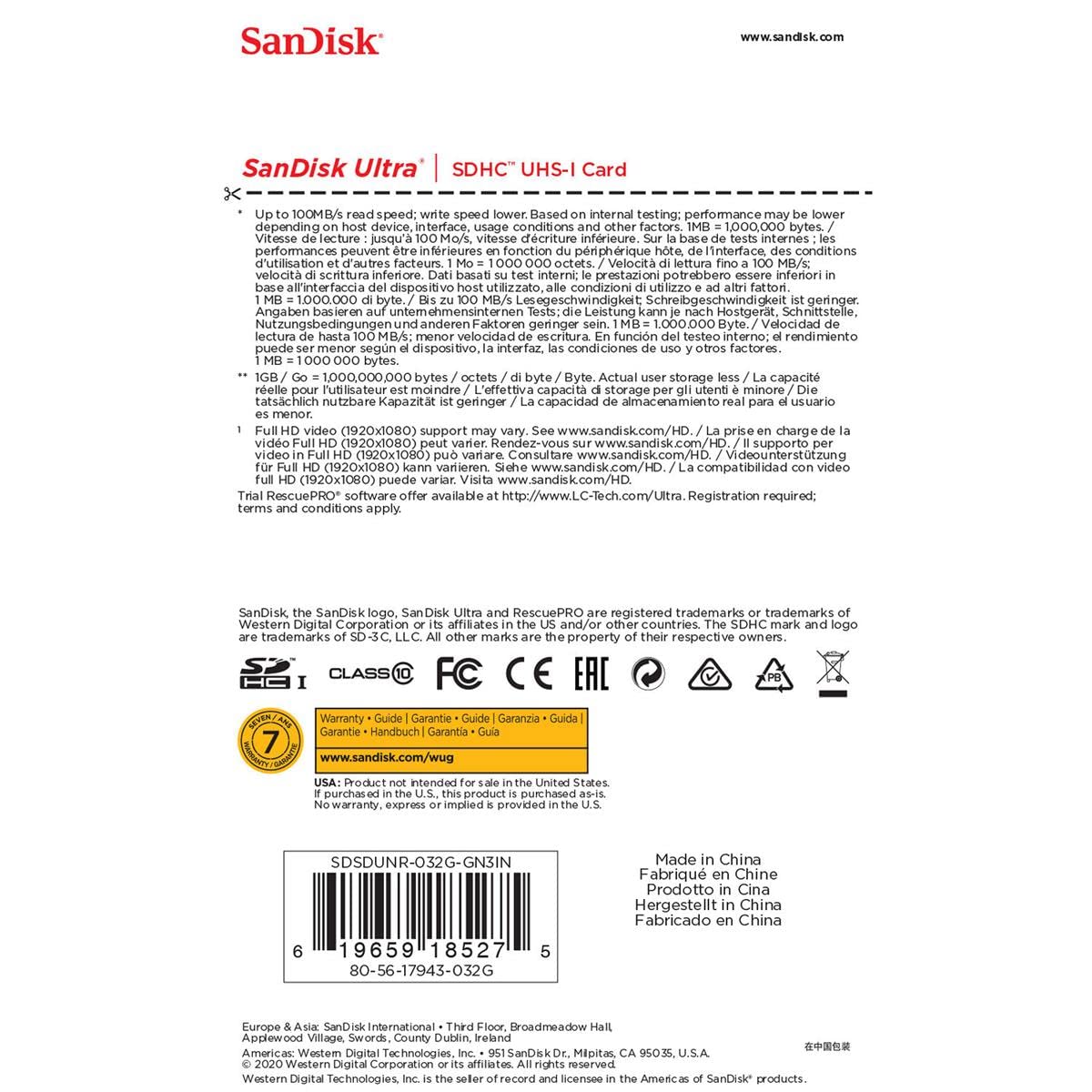 32GB Ultra 100MBs Sandisk SDHC Memory Card