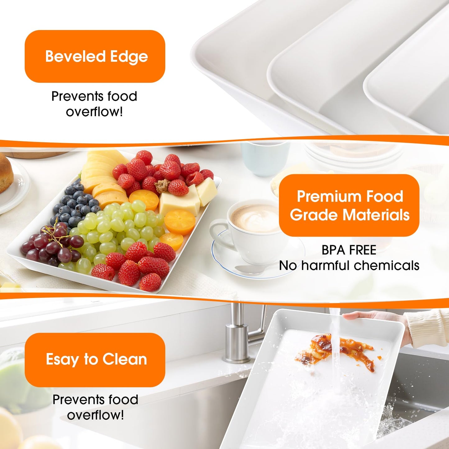 SpaceWhisper 3 Pack Serving Tray, White Rectangular Appetizer Platters for Party, Catering, Buffet, Large Reusable Serving Dishes for Snacks, Fruit, Dessert, 3 Size Set 16 * 11", 14 * 9", 12 * 7"