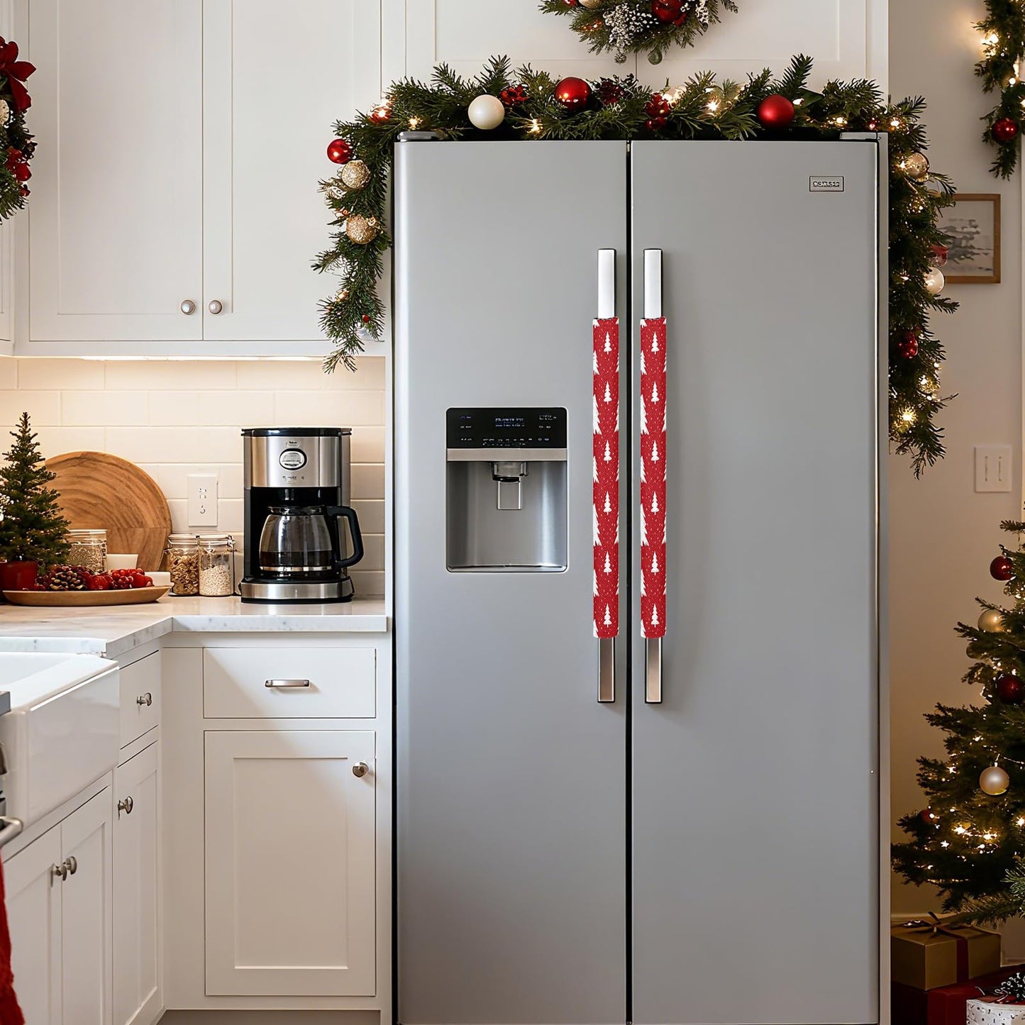 Pardick Christmas Refrigerator Door Handle Covers Set of 2, Christmas Tree Fridge Handle Cover Washable Fridge Dishwasher Oven Door Decor Protector Handle Cover, Keep Your Kitchen Appliance Clean