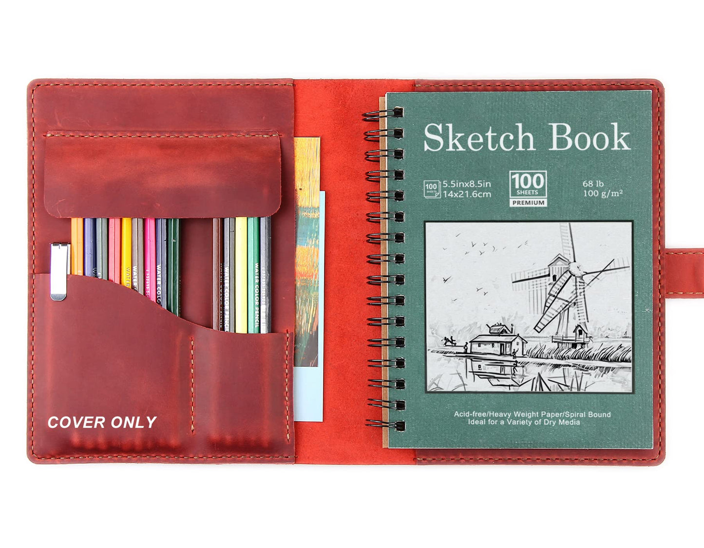 Robrasim Handmade Leather Sketchbook Cover, Leather Artist Sketch Pad Cover for 5.5" x 8.5" Sketchbook, Drawing Book and Pencil Case, Journal Notebook Portfolio, Artis Gifts-Wine