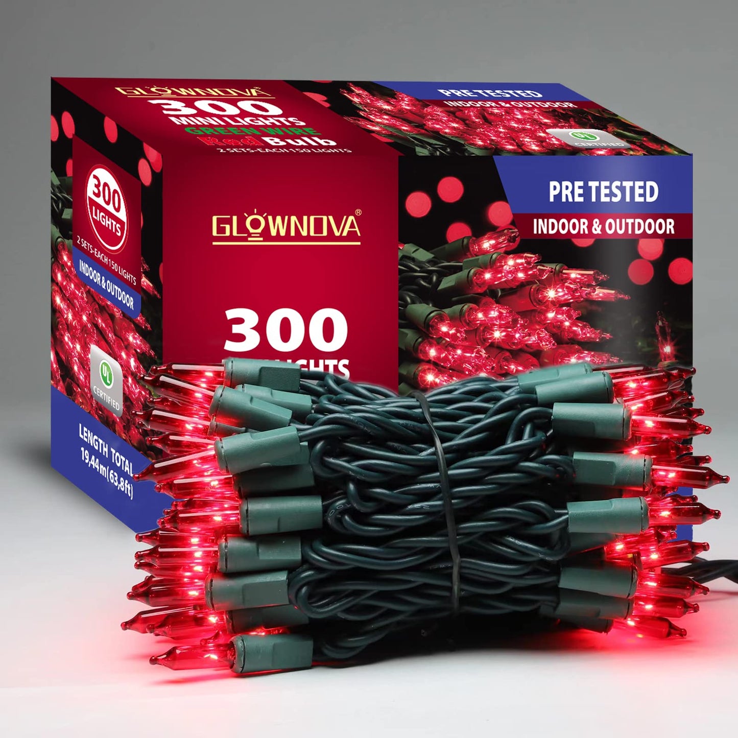 GLOWNOVA Green Wire,RED Incandescent Bulb 300 Mini String Lights for Indoor Christmas Tree Garland Birthday Wedding Party Festival Decoration
