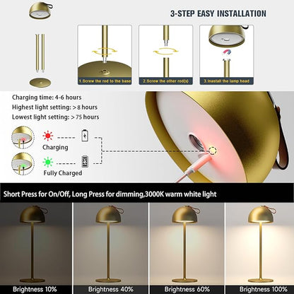 Cordless Table Lamp,8-75 Hours Battery Powered Lights,2-Pack Gold Rechargeable Lamp,Waterproof,Magnetic,Stepless Dimming,Adjustable Height, for Outdoor,Camping,Living Room,Dinner,Night Light