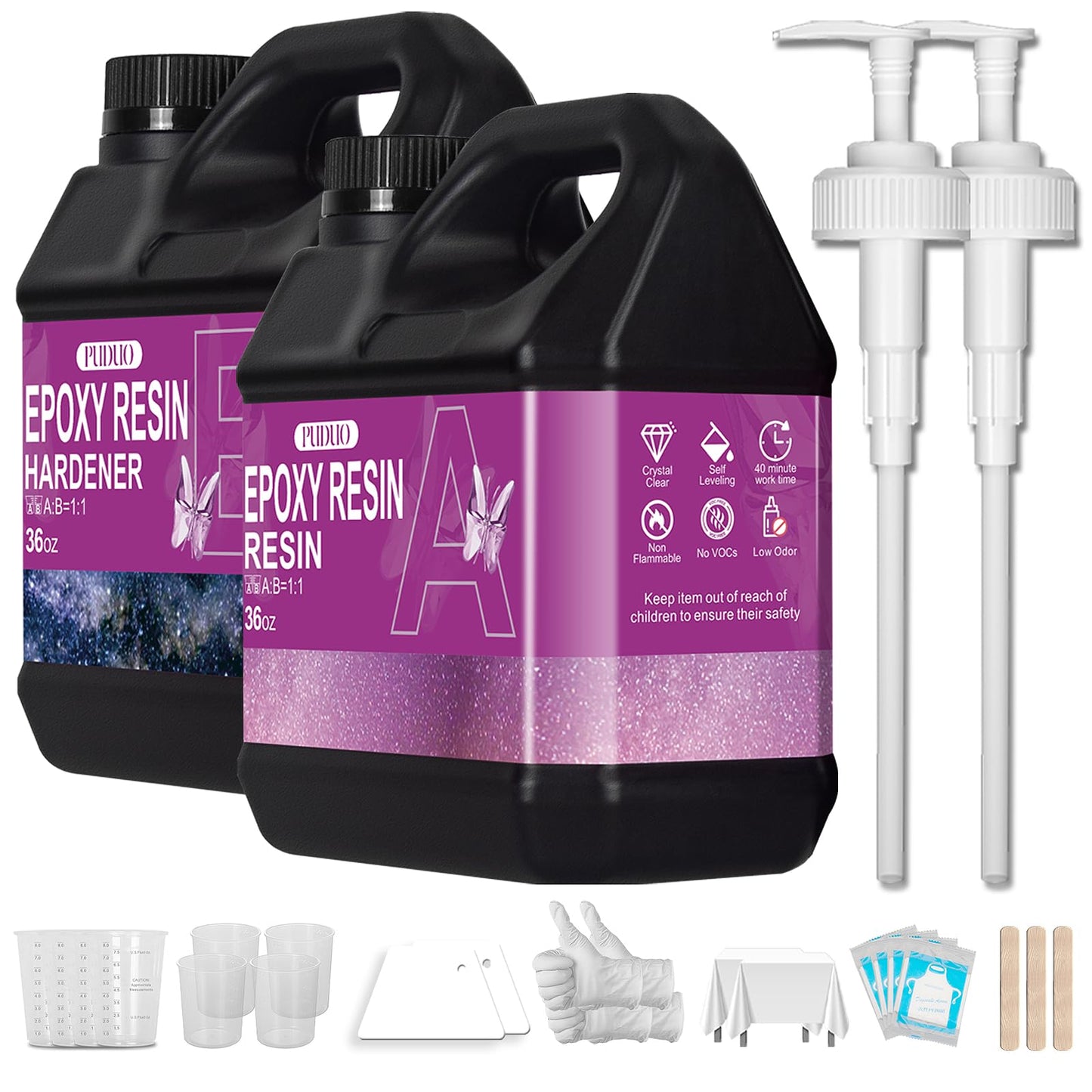 Puduo Epoxy Resin Kit 72OZ，Newly Formulated Crystal Clear Epoxy Resin，Strong, Bubble-Free, Anti-Yellowing Art Resin That，Suitable for Casting, DIY, Molds, Jewelry, Easy to Mix 1:1 Ratio