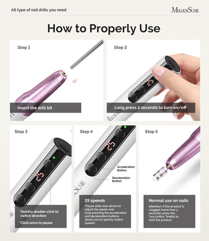 MelodySusie Cordless Nail Drill, PC180E 25,000RPM Rechargeable Eletric Nail File with Nail Drill Bits, Sanding Bands for Home Using