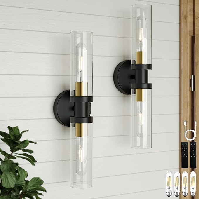 Rechargeable Battery Wall Sconce Set of Two, 8000mAh Cordless, Dimmable, Timer, Remote, Touch Control, 3000K, USB-C Charging for Living Room, Bedroom Black Gold (Include 4 Special Bulbs)