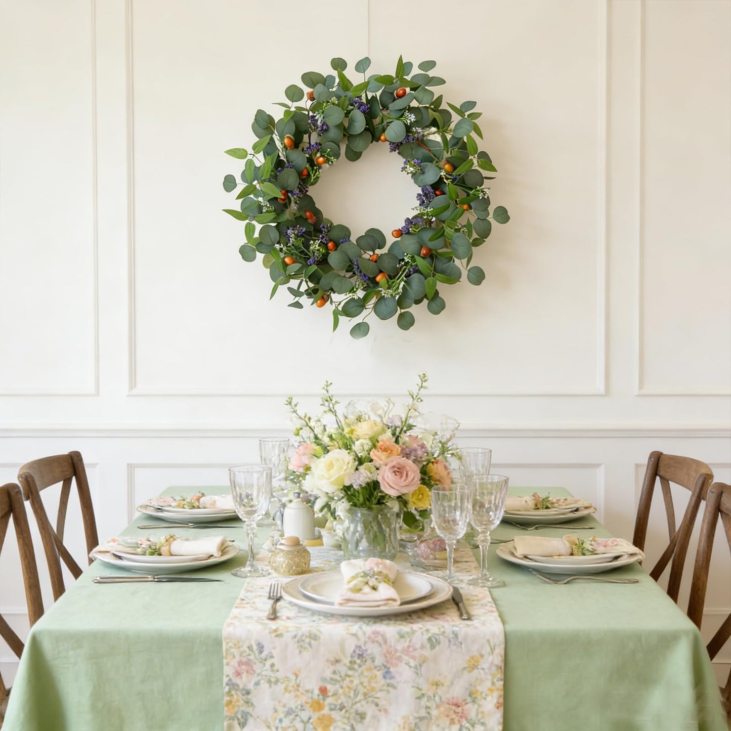TEMPUS 22" Eucalyptus Wreath for Front Door - Pre-Fluffed Greenery Wreath with Olive Leaves & Hazelnuts, Farmhouse All-Season Door Decor