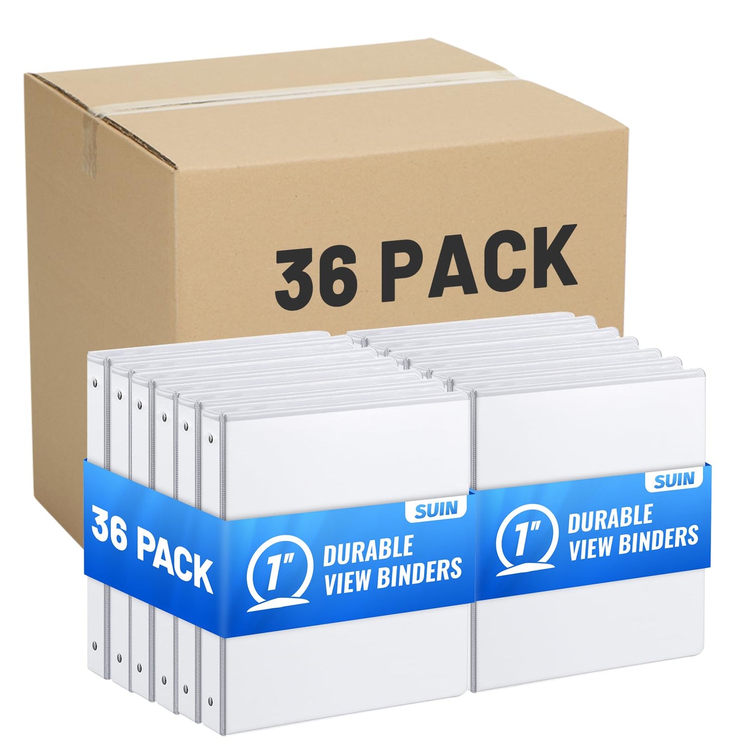 SUIN 3 Ring Binder Bulk 36 Packs -Premium 1'' Binders with Roung Ring Binder, Large 200 Sheet Capacity, Fit 8.5" x 11" US Letter Size Paper, White (1'' White - 36 Packs)