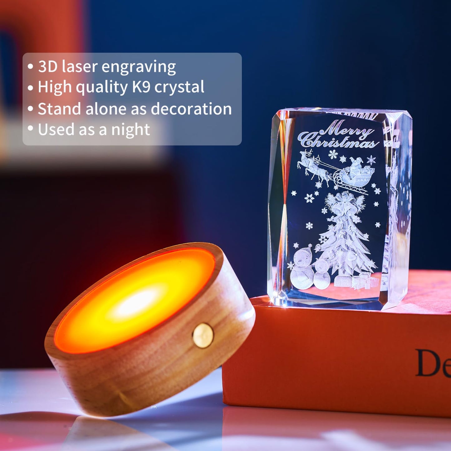 3D Christmas Tree Crystal Night Light with Wooden LED Base – Holiday Crystal Lamp Gift for Family Friends Kids Couples Parents Women & Men – Christmas Home Decor, Anniversary, Birthday Presents