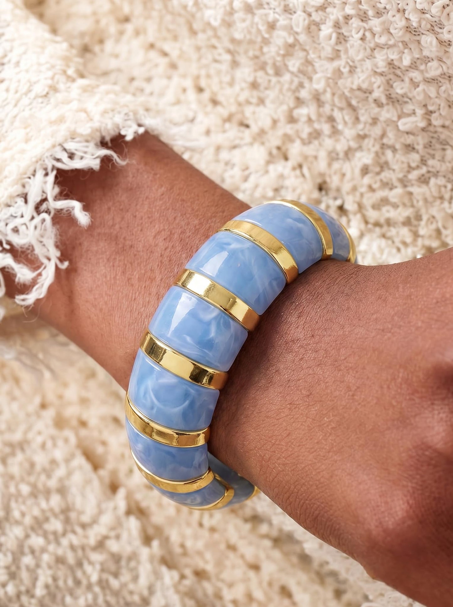 BREPINE Blue Chunky Bracelets for Women Beaded Beach Summer Boho Thick Geometric Bead Elastic Stretch Vacation Statement Wide Bracelet