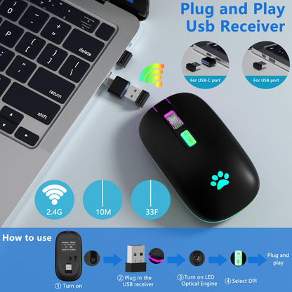 KARFUN Wireless Mouse, Backlit LED Portable Slim Computer Mouse for Laptop, PC, Computer, MacBook, iPad, Chromebook, Notebook, 2.4G Rechargeable Wireless Mouse (Black) (Black-Transparent Nose)