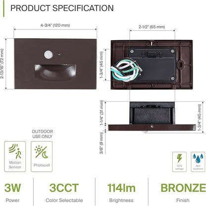 ASD LED Recessed Step Light Fixture, Dusk to Dawn Tread Lighting | 3CCT, Motion Sensor, Photocell, Waterproof, ETL Listed | 3W 120LM 3000K-5000K 120V | Staircase Illumination | Dark Bronze, 4 Pack