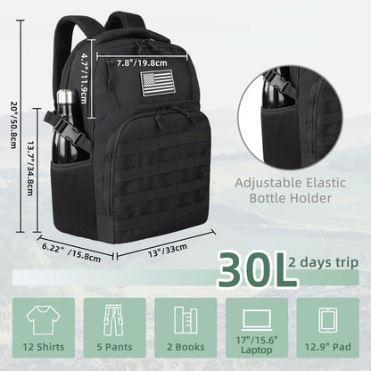 TBNBO Military Tactical Backpack for Travel Hiking,Black Backpack for Men with Bottle Holder, 30L Small Laptop Backpack for Work, Men's Assault Bag Back Pack