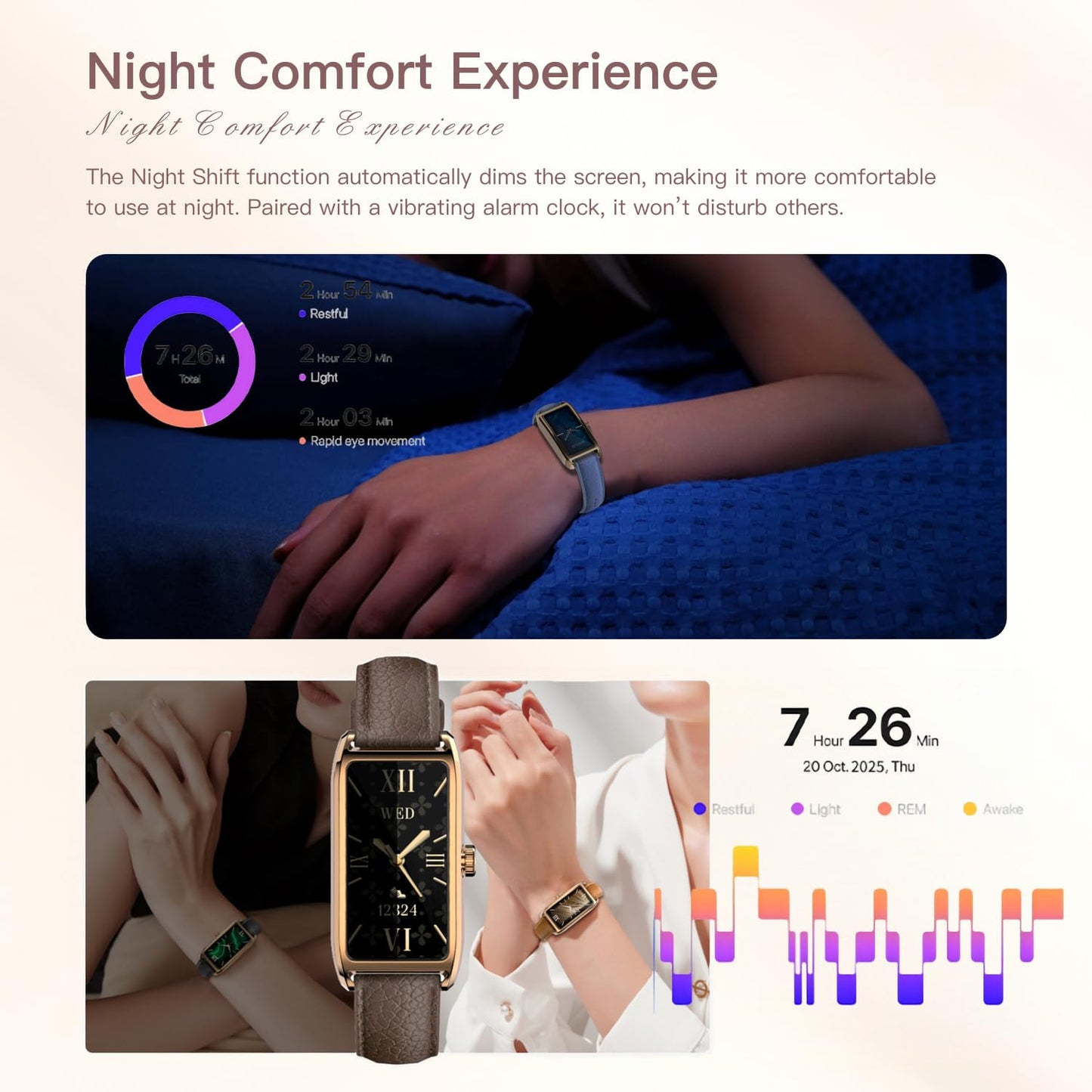 Amoled Laies Smart Watch for Women Smartwatch with Leather Strap Heart Rate Stress Sleep Monitor 12 Sports Modes Fitness Tracker Watch Notifications Music & Camera Control Waterproof iOS Android