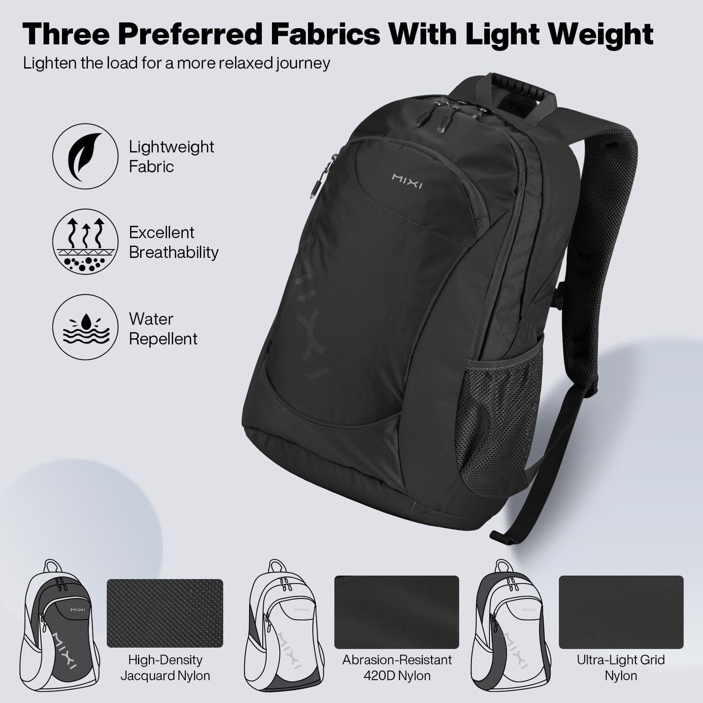 mixi 31L Ultra Lightweight Waterproof Travel Backpack, 18 inch Casual Daypack for Men Women, Durable Spacious Bag for Travel, Sports, Camping, Hiking & College, Black