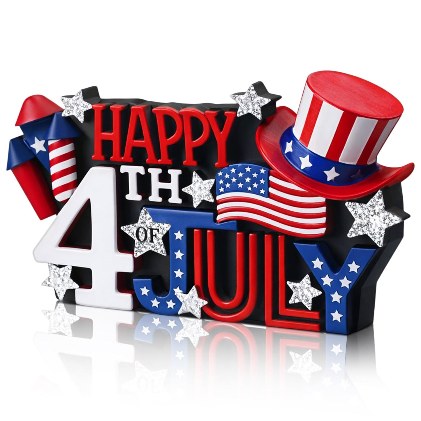 Simgoing 1 Pack Happy 4th of July Decoration Resin Patriotic Figurines Table Decor Red Blue White Sign Independence Day Statue Tabletop Centerpiece for 250th Anniversary Home Office Tiered Tray Shelf