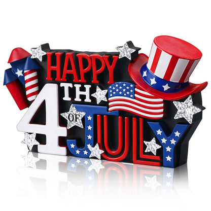 Simgoing 1 Pack Happy 4th of July Decoration Resin Patriotic Figurines Table Decor Red Blue White Sign Independence Day Statue Tabletop Centerpiece for 250th Anniversary Home Office Tiered Tray Shelf