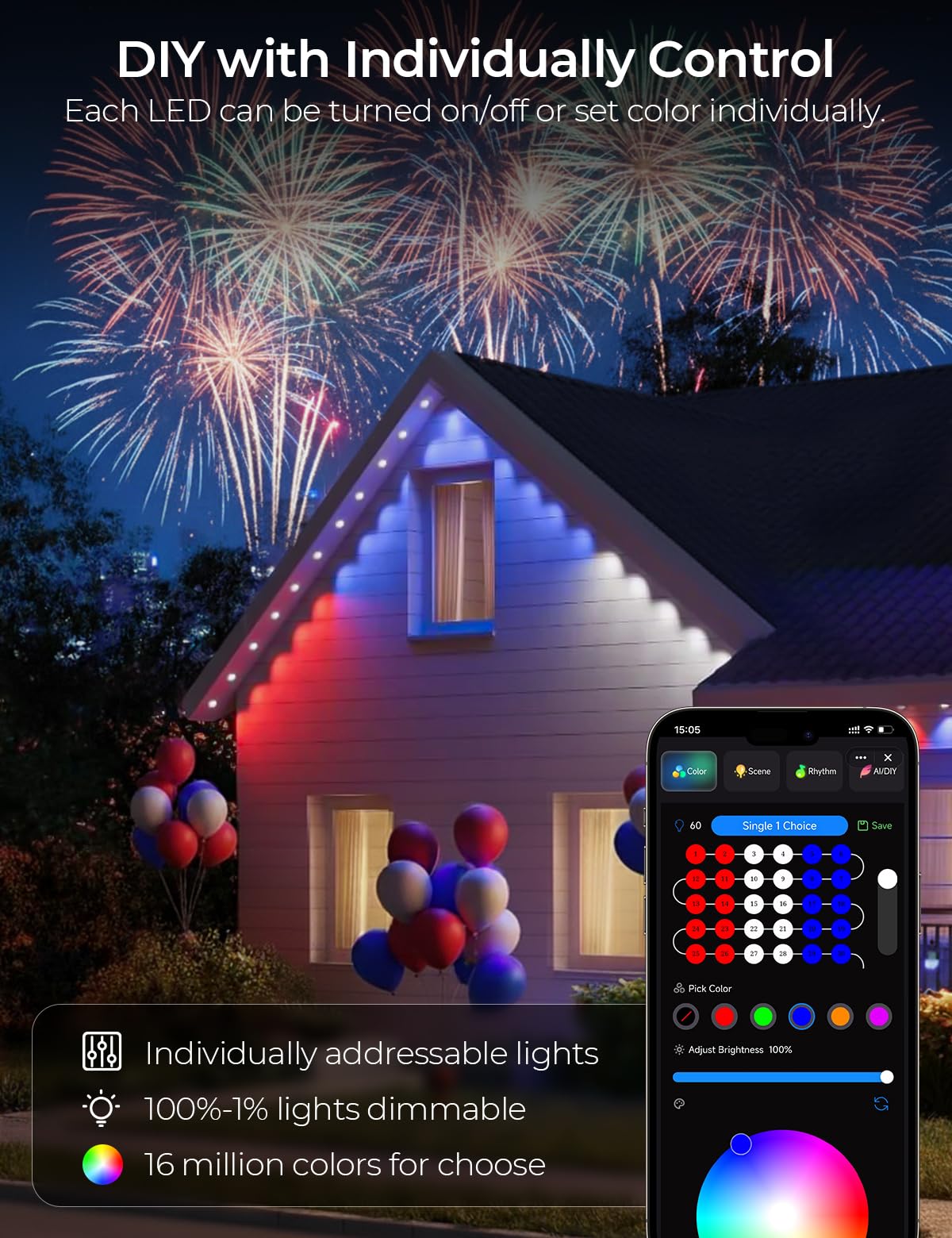 SMAVISTA Smart Permanent Outdoor Lights Pro, 50ft 30LED RGB+IC+Warm/Cool White for Daily, 100+ Scene Modes, Waterproof Eaves Light for Halloween Christmas Decor, Works with Alexa, Google Assistant