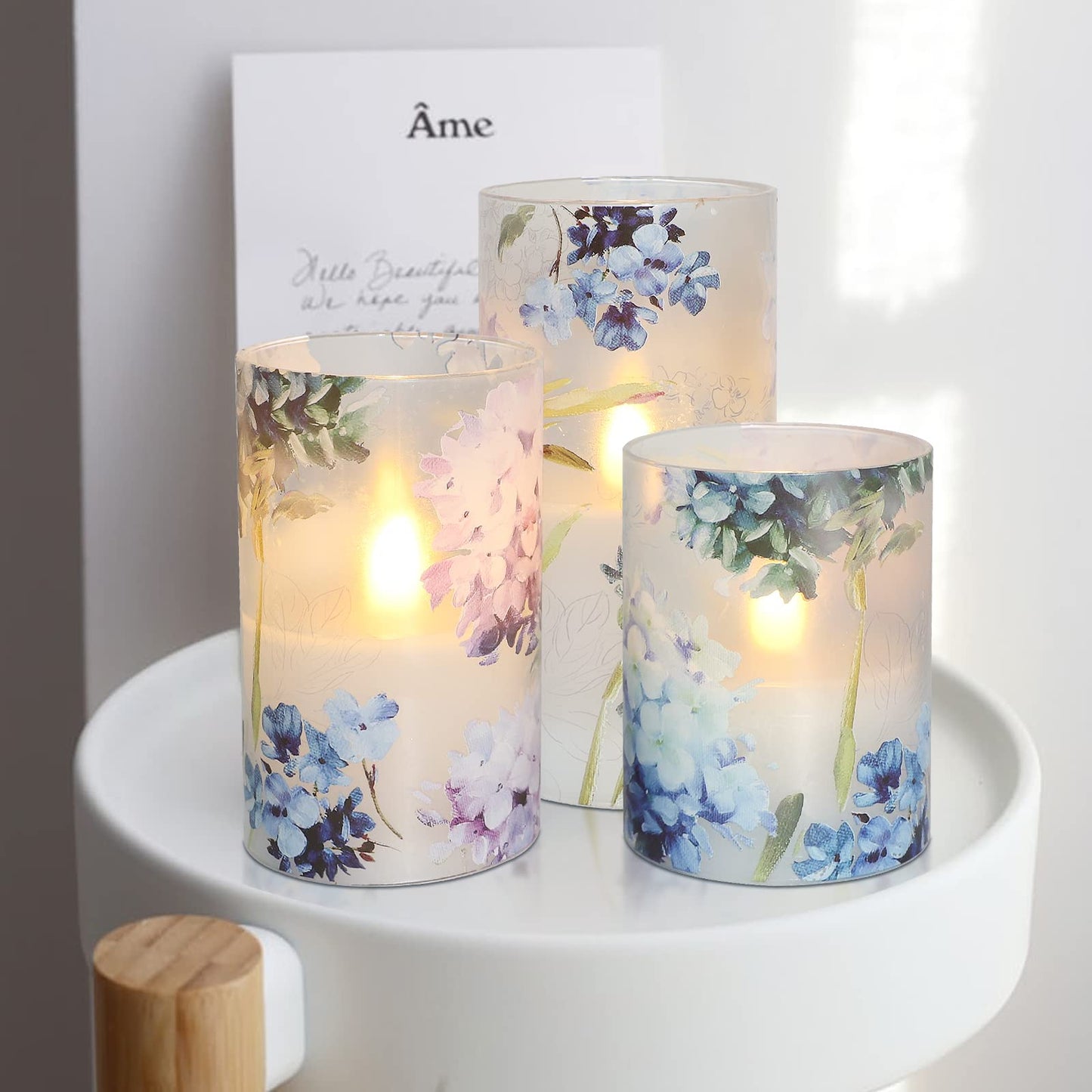 GORGE MOMENT Blue Violet Hydrangea Flameless Candles LED Flicker with Remote DIM Love Theme Summer Spring Decorative Glass Decor Wedding Date Proposal Dinner Table Home Gift for Lover