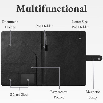 Mymazn Padfolio Portfolio Folder, Faux Leather Interview Resume Folder with Document Organizer & Business Card Holder, Letter-Sized Notepad Legal Pad Holder for Men Women (Black)