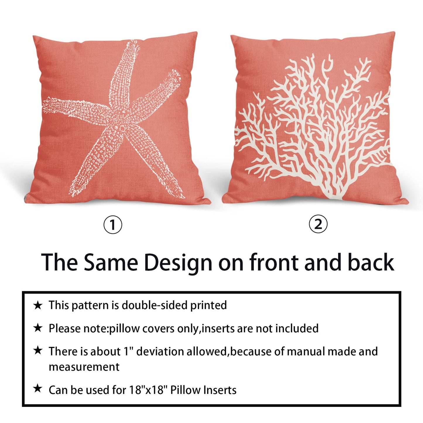 Coastal Coral Throw Pillow Covers 20x20 Inch Set of 2 Starfish Beach Nautical Pillow Covers Summer Farmhouse Pillowscase Linen Square Cushion Covers for Sofa Couch Bedroom Living Room Home Decoration